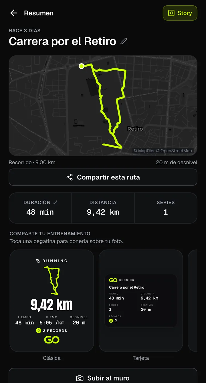 Resumen de una carrera por el Retiro en GO360: mapa del recorrido, 9,42 km en 48 minutos